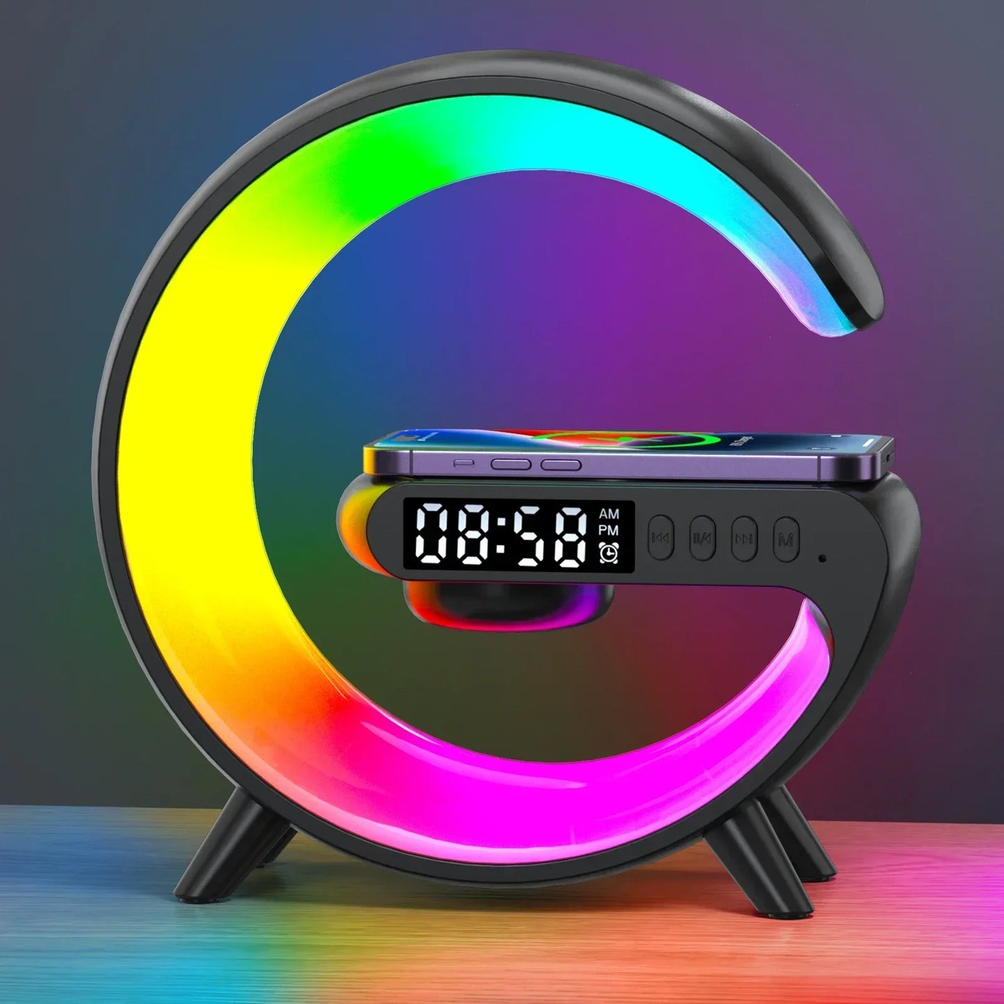 3 in 1 Wireless Charger with RGB Light, Alarm Clock & Bluetooth Speaker