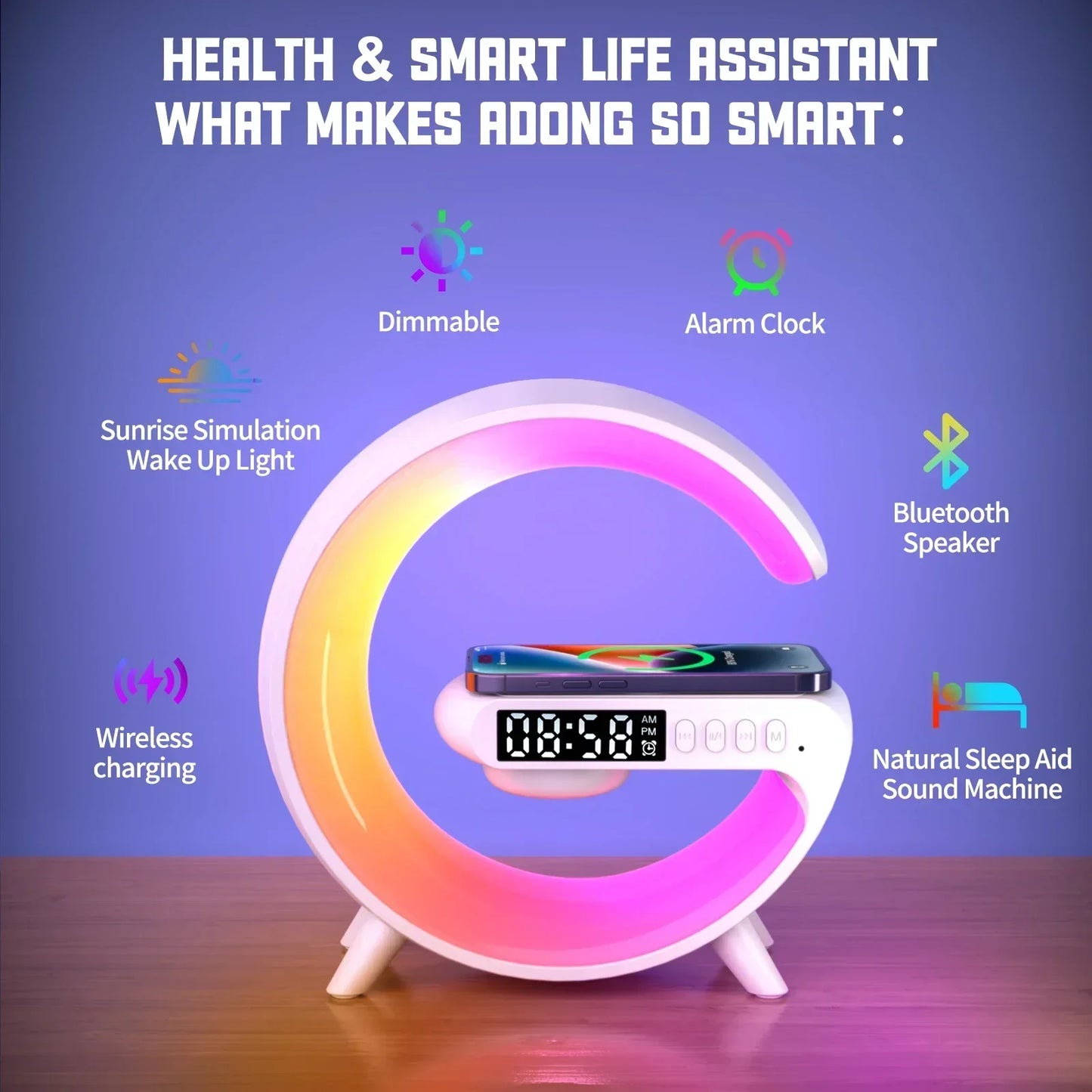 3 in 1 Wireless Charger with RGB Light, Alarm Clock & Bluetooth Speaker